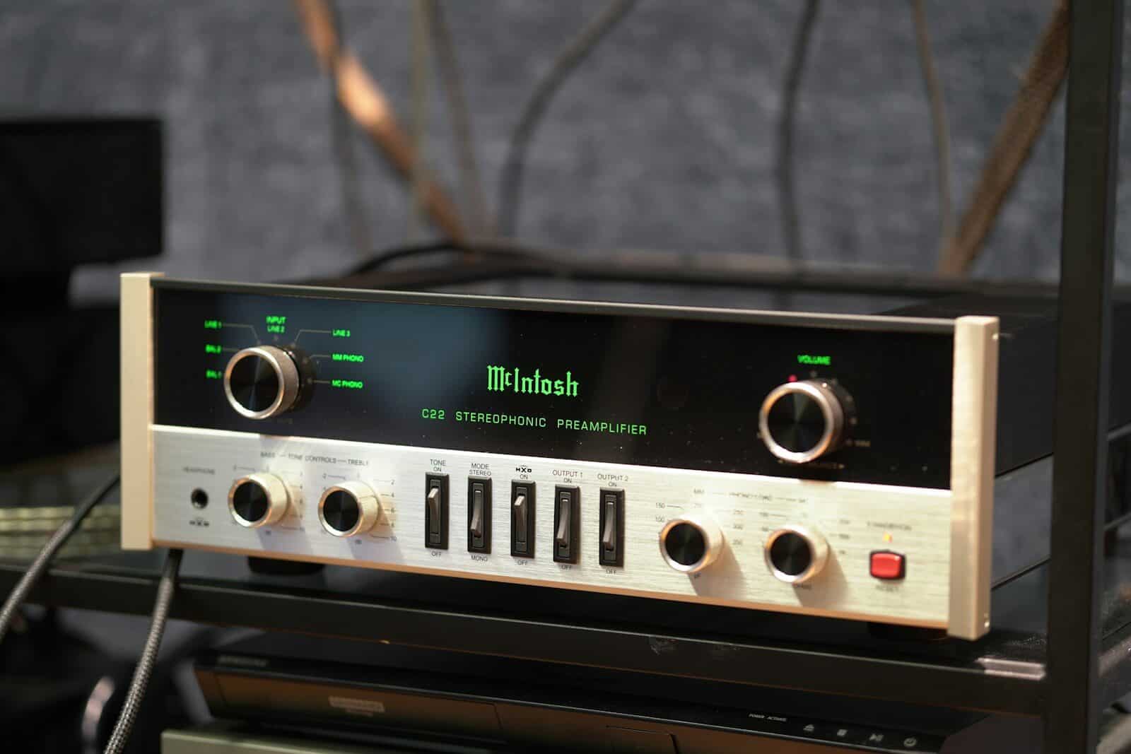 Mcintosh stereo preamplifier with glowing green lights